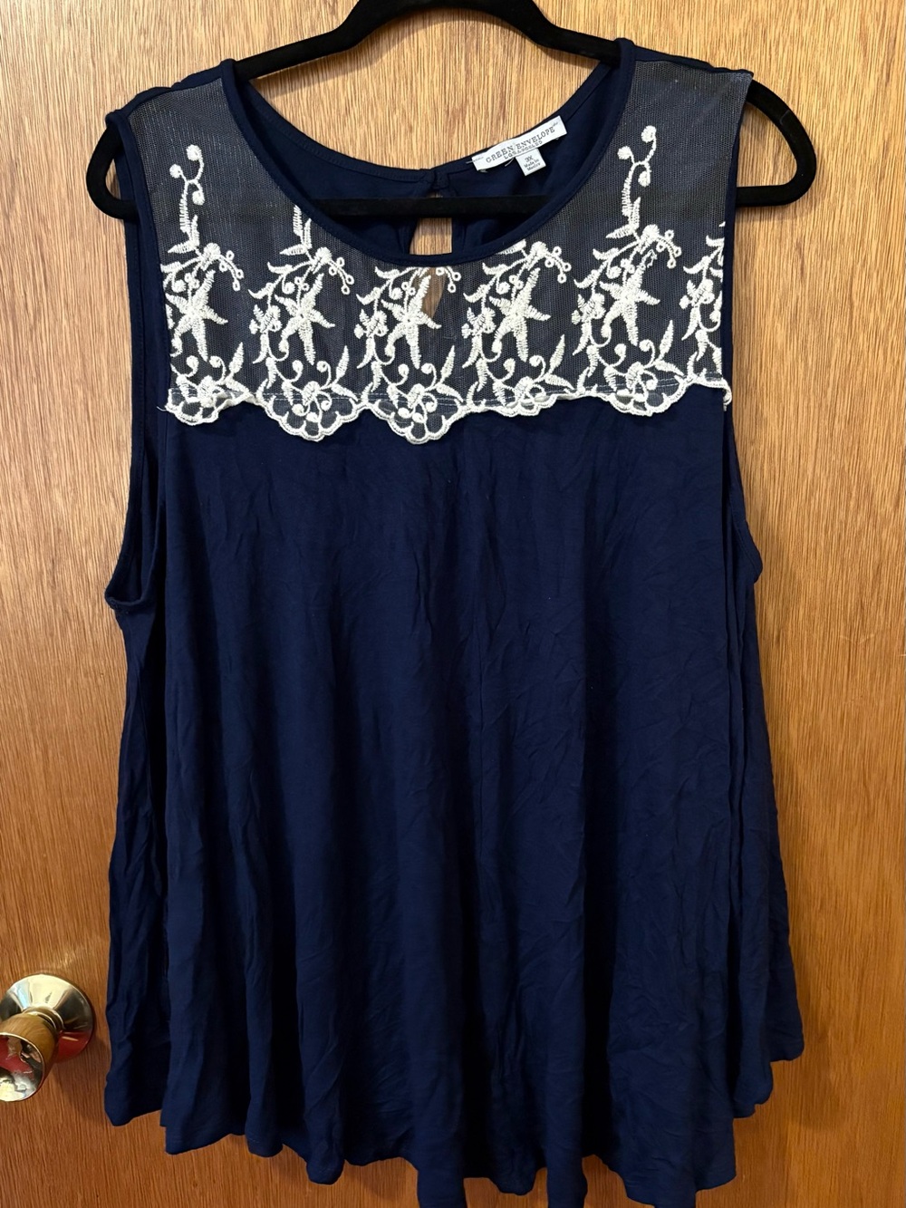 Navy Tank with Cream Embroidered Yoke by Green Envelope